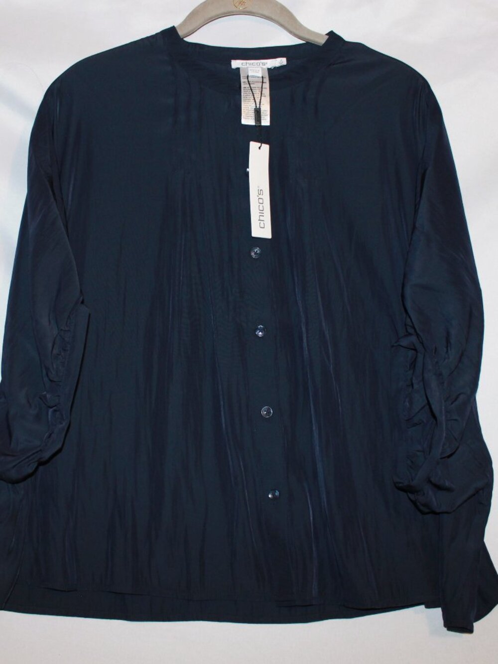 Chico's navy blue pleated, button-up blouse